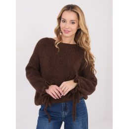 Moteriškas oversize megztinis su raukiniais ir surišimu, rudas