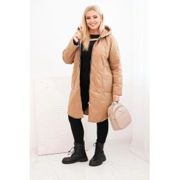Moteriška Plus Size žieminė dygsniuota striukė su gobtuvu, kapučino spalvos