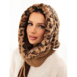 Moteriškas kailinis gobtuvas su raišteliais, leopardo rašto, šviesiai rudas