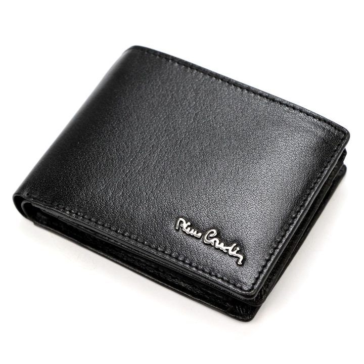 Vyriška natūralios odos piniginė Pierre Cardin, 12 × 9,5 × 3 cm, juoda