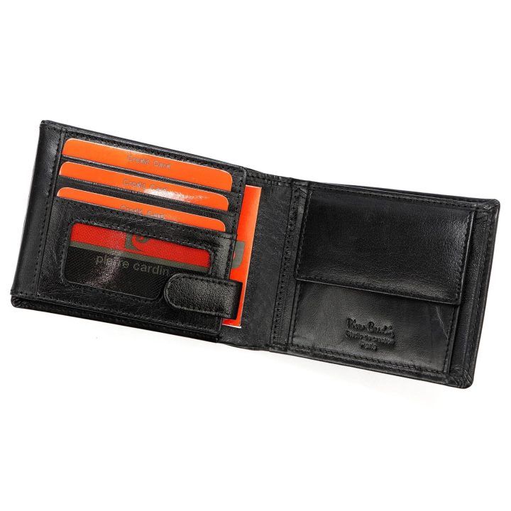 Vyriška natūralios odos piniginė Pierre Cardin, 12 × 10 × 3 cm, juoda