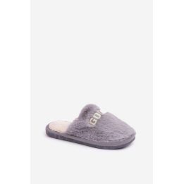 Moteriškos kailinės šlepetės su užrašu Step in Style, pilkos
