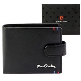 Vyriška juoda odinė piniginė su užsegimu Pierre Cardin, 11,5 × 9 × 2,8 cm
