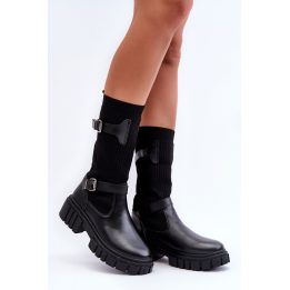 Moteriški batai virš kelių su platforma ir kojininiu aulu, juodi Step in style
