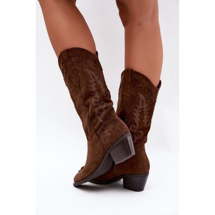 Moteriški kaubojiško stiliaus ilgaauliai su siuvinėjimais, rudi
