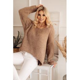 Moteriškas oversize megztinis su asimetriška apačia PeeKaBoo, smėlio