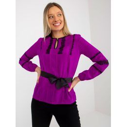 Moteriška medvilninė palaidinė su nėriniais ir rišamu dirželiu, violetinė