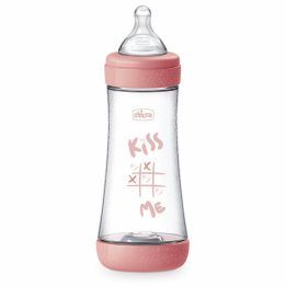 Chicco plastikinis kūdikių buteliukas 300 ml su silikoniniu čiulptuku, rožinis