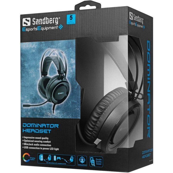 Žaidimų ausinės su mikrofonu Sandberg Dominator, 2,1 m, juodos