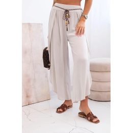 Moteriškos plačios viskozinės kelnės su skeltuku, tamsiai smėlio