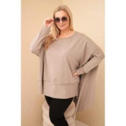 Moteriška Plus Size medvilninė tunika su asimetriniu apačios kraštu, kapučino spalvos