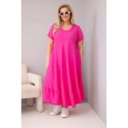 Moteriška Plus Size fuksijos spalvos suknelė su trumpomis rankovėmis ir raukinuku