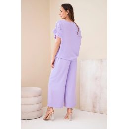Moteriškas viskozės komplektas su marginta palaidine ir kelnėmis, šviesiai violetinis