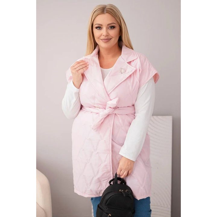 Moteriška Plus Size dygsniuota liemenė su diržu ir apykakle, šviesiai rožinė