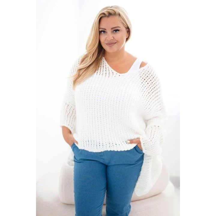 Moteriškas oversize ažūrinis megztinis, ekru