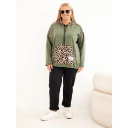 Moteriškas džemperis su gobtuvu ir leopardo raštu, chaki