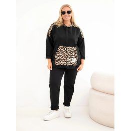 Moteriškas džemperis su leopardo rašto intarpais, juodas
