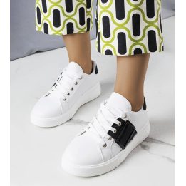 Moteriški sportbačiai su juoda sagtimi, balti