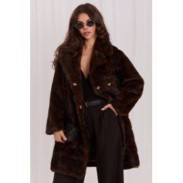 Tamsiai rudas moteriškas paltas su kailiu