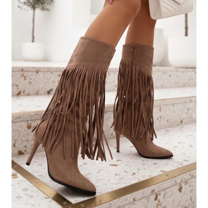Moteriški ilgaauliai su smailiu kulnu, rudi