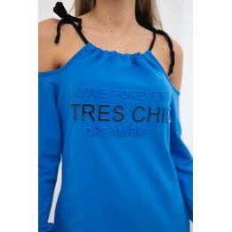Moteriška medvilninė suknelė su užrašu „Tres Chic“, rugiagėlių mėlyna