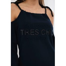 Medvilninė suknelė su užrašu „Tres Chic“, tamsiai mėlyna
