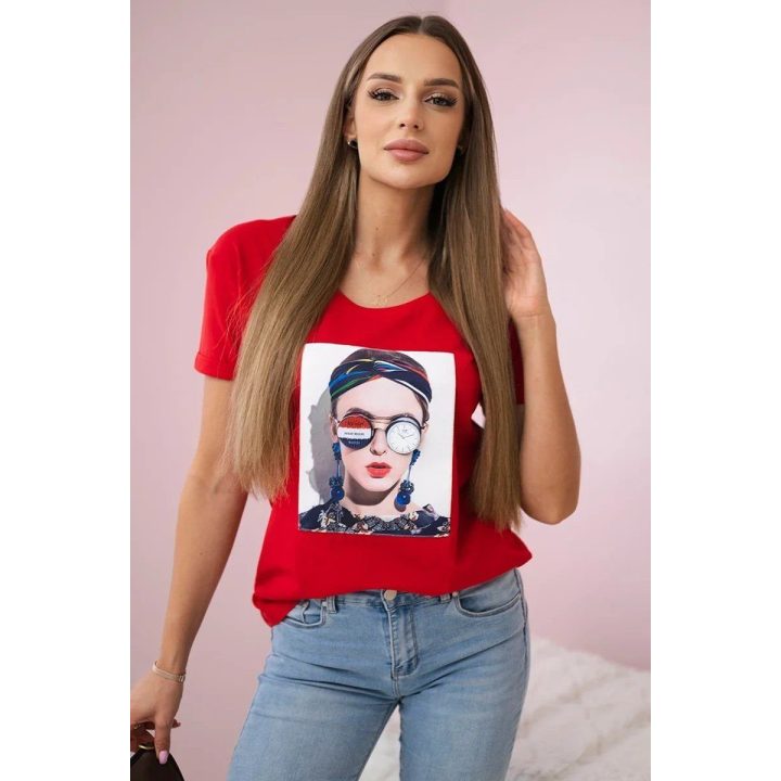 Moteriška medvilninė palaidinė su moters atvaizdu, raudona