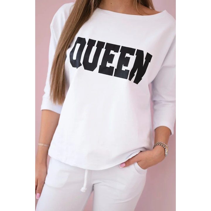 Moteriškas medvilninis komplektas su „Queen“ užrašu, baltas