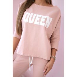 Moteriškas komplektas: palaidinė su „Queen“ užrašu ir kelnės, blyškiai rožinis
