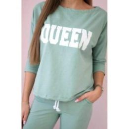 Moteriškas palaidinės ir kelnių komplektas su „Queen“ raštu, tamsiai mėtinės