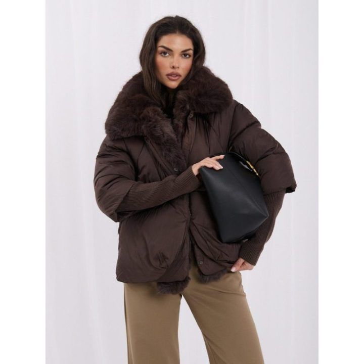 Moteriška dygsniuota žieminė striukė Italy Moda, tamsiai ruda