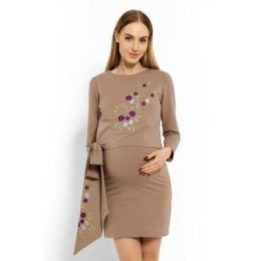 Nėščiųjų medvilninė suknelė su siuvinėjimu PeeKaBoo, smėlio