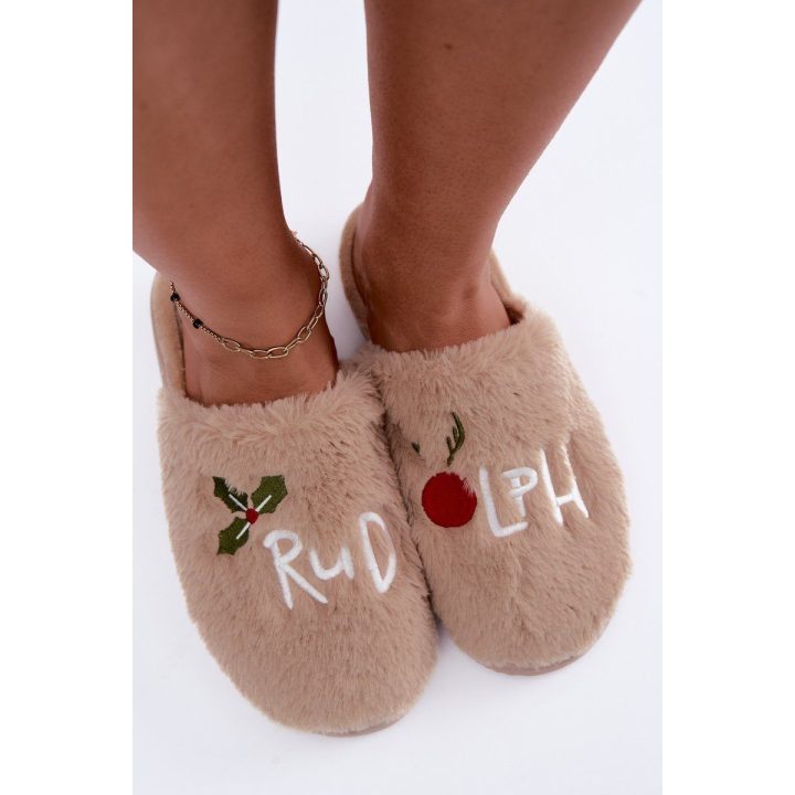 Moteriškos naminės šlepetės su užrašu „Rudolph“, smėlio