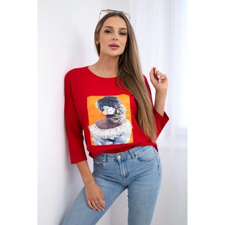 Moteriška medvilninė palaidinė su 3D grafika, raudona