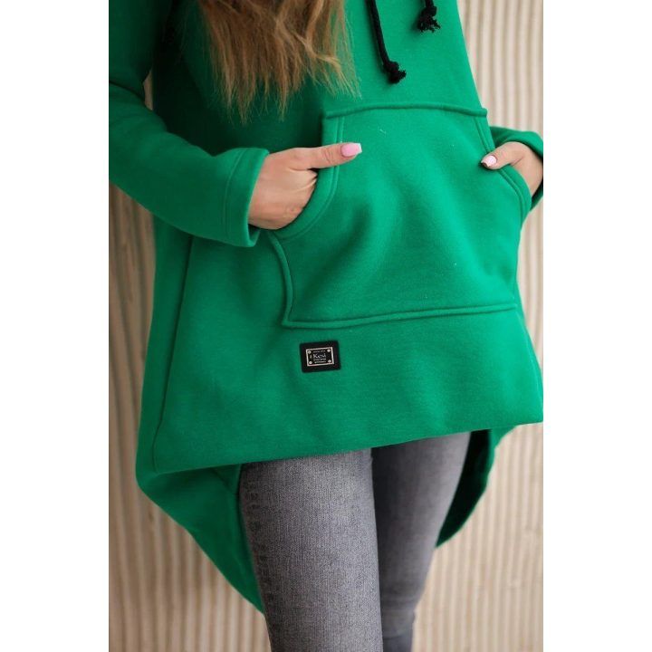 Moteriškas pašiltintas džemperis su gobtuvu ir ilgesne nugara, žalias