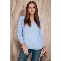 Moteriškas megztinis su vilna ir V formos iškirpte, mėlynas