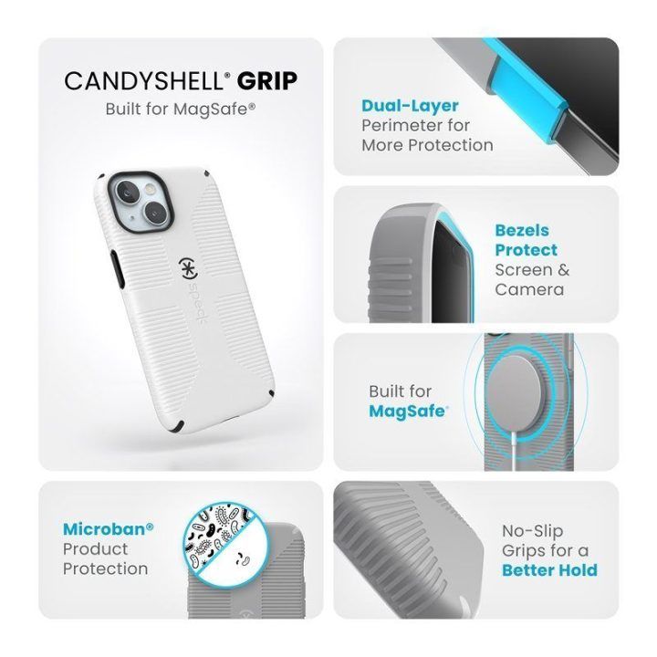 Speck Candyshell Grip MagSafe dėklas iPhone 17e/16e/15/14/13, balta