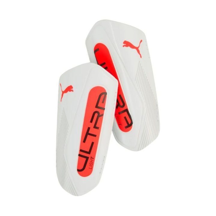 Futbolo blauzdų apsaugos su lipukais Puma Ultra Light Strap, baltos ir oranžinės