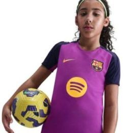 Vaikiški futbolo marškinėliai Nike FC Barcelona Strike, violetinės ir aukso spalvos