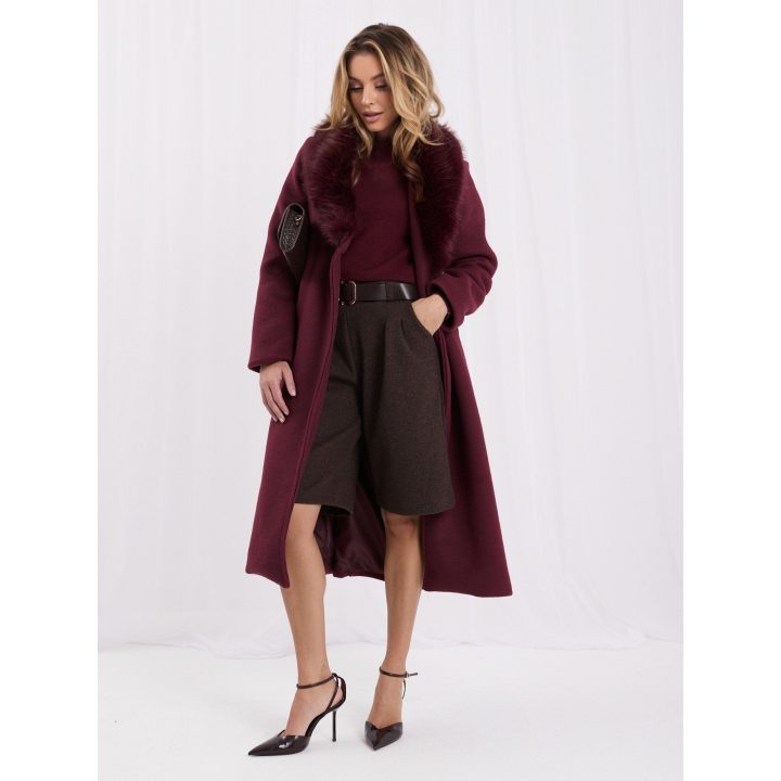 Moteriškas žieminis paltas su rišamu diržu Italy Moda, bordo