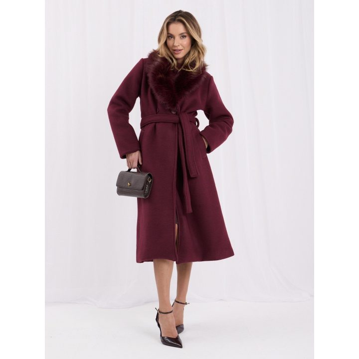 Moteriškas žieminis paltas su rišamu diržu Italy Moda, bordo