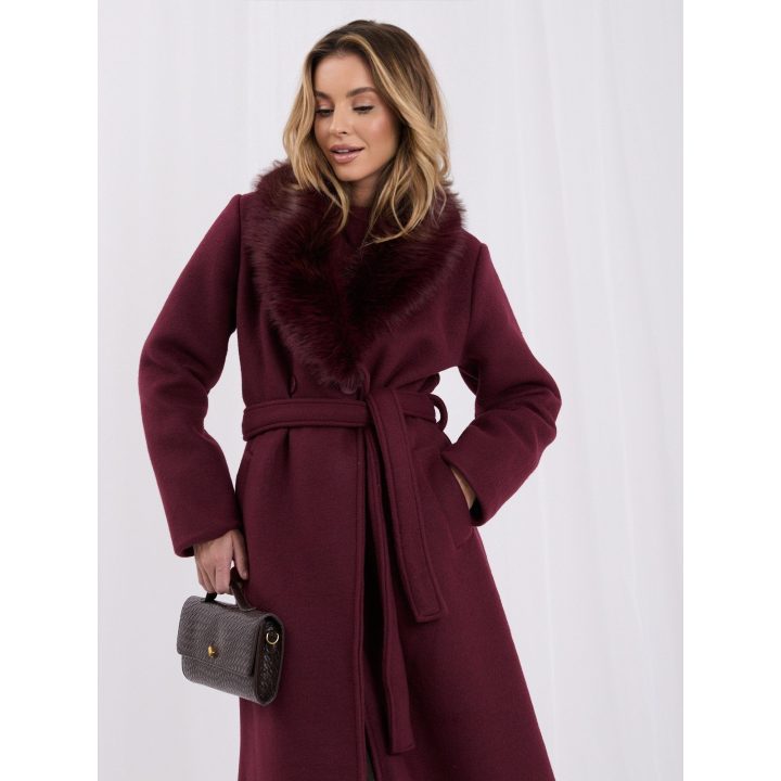Moteriškas žieminis paltas su rišamu diržu Italy Moda, bordo