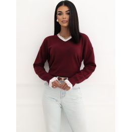 Moteriškas viskozinis megztinis su V formos iškirpte Italy Moda, bordo