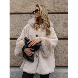 Moteriškas kailinis paltas su gobtuvu Italy Moda, šviesiai smėlio