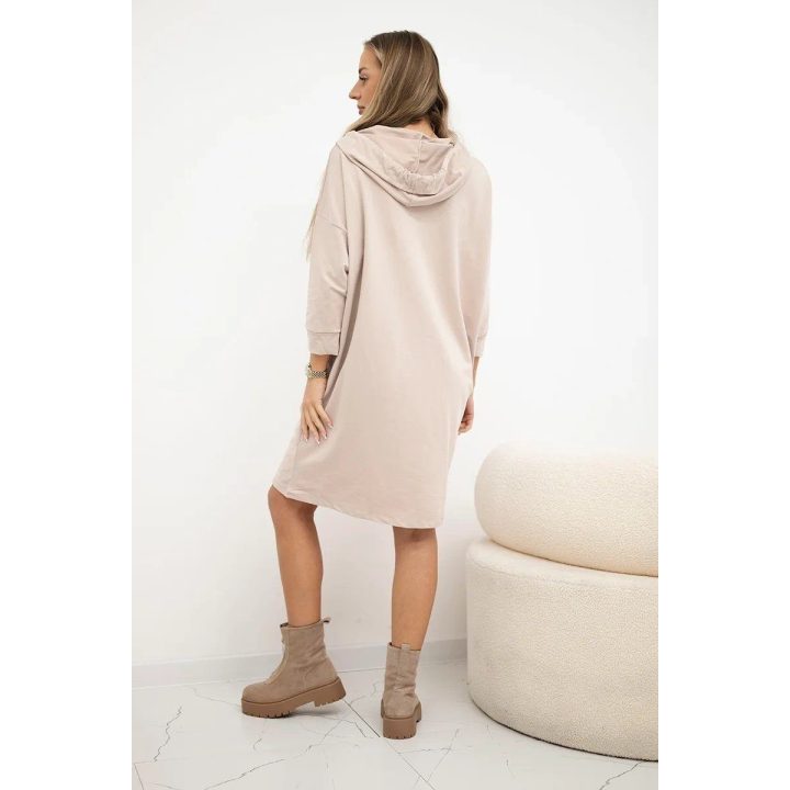 Moteriška medvilninė suknelė su gobtuvu, 92 cm ilgio, smėlio