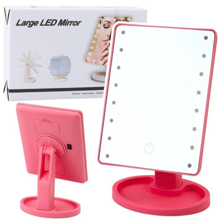 Kosmetinis veidrodis su LED apšvietimu, 22 × 16 cm, rožinis