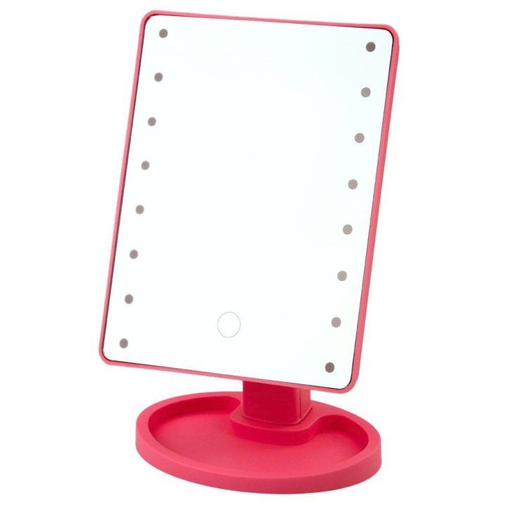 Kosmetinis veidrodis su LED apšvietimu, 22 × 16 cm, rožinis