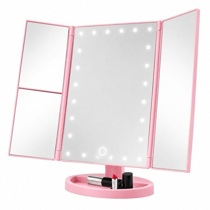Sulankstomas kosmetinis veidrodis su LED apšvietimu, rožinis