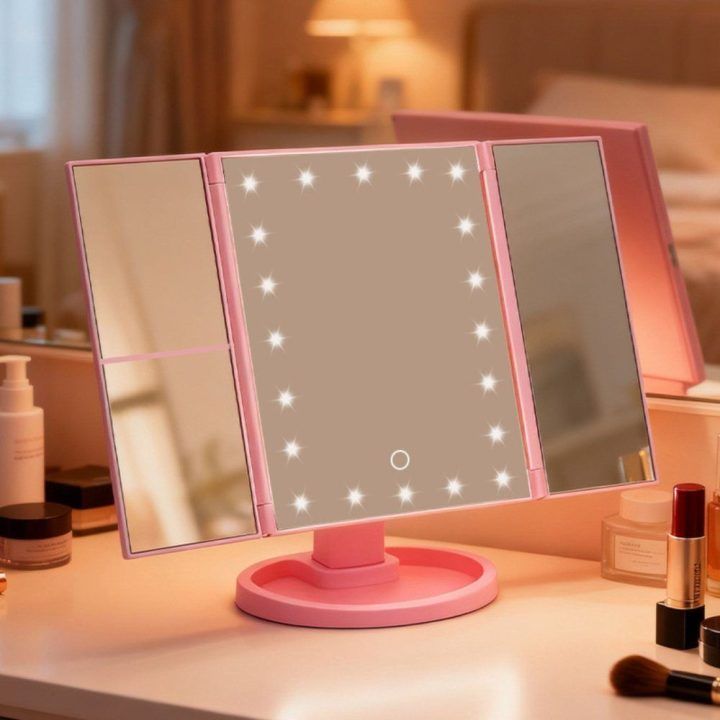 Sulankstomas kosmetinis veidrodis su LED apšvietimu, rožinis