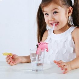 Vaikiškas silikoninių šiaudelių rinkinys su dinozauru Smily Mia, rožinis